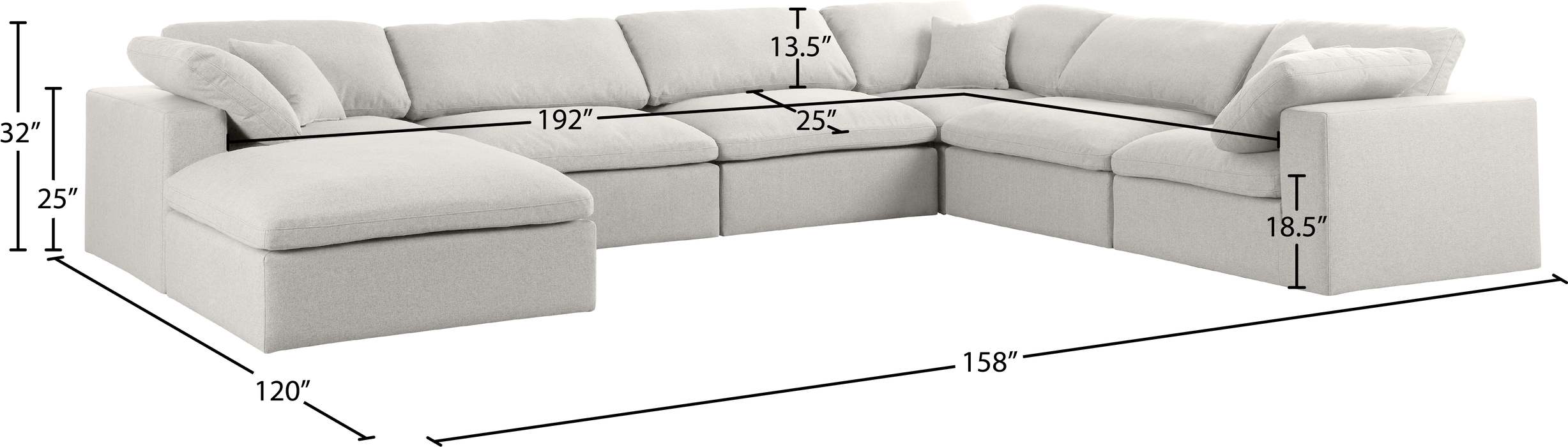 Meridian Furniture - Serene 158" Cream Linen Textured Fabric Upholstered Deluxe Comfort 7pc. Sectional - 601Cream-Sec7A - GreatFurnitureDeal