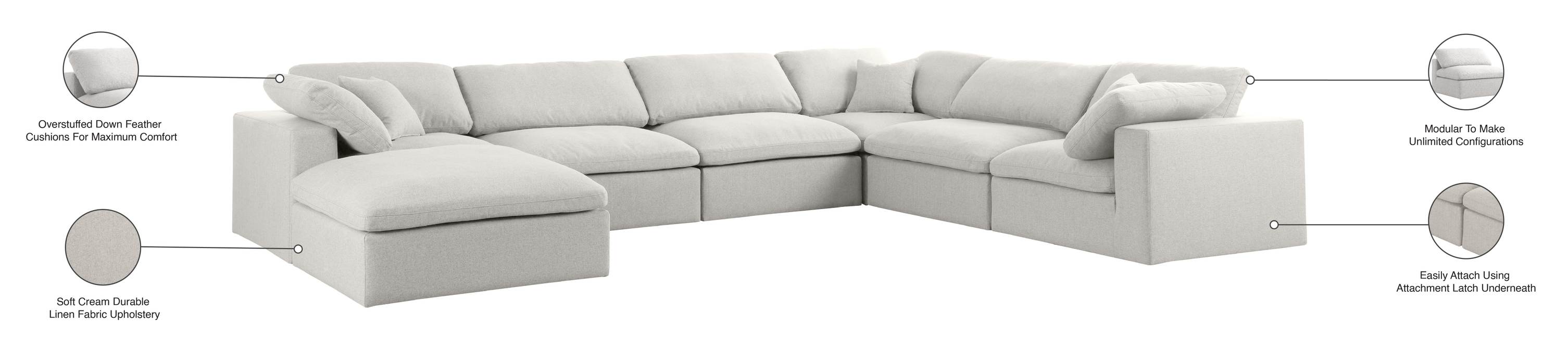Meridian Furniture - Serene 158" Cream Linen Textured Fabric Upholstered Deluxe Comfort 7pc. Sectional - 601Cream-Sec7A - GreatFurnitureDeal