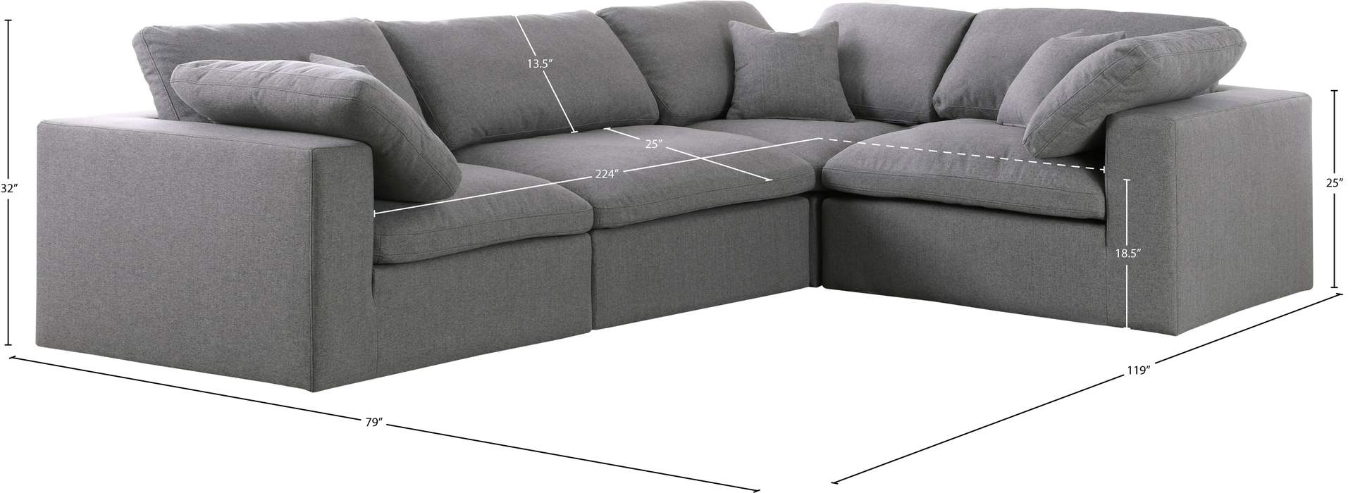 Meridian Furniture - Serene 119" Grey Linen Textured Fabric Upholstered Deluxe Comfort 4pc. Sectional - 601Grey-Sec4C - GreatFurnitureDeal