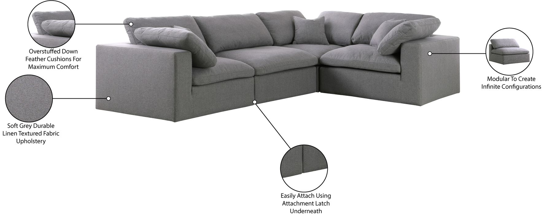 Meridian Furniture - Serene 119" Grey Linen Textured Fabric Upholstered Deluxe Comfort 4pc. Sectional - 601Grey-Sec4C - GreatFurnitureDeal