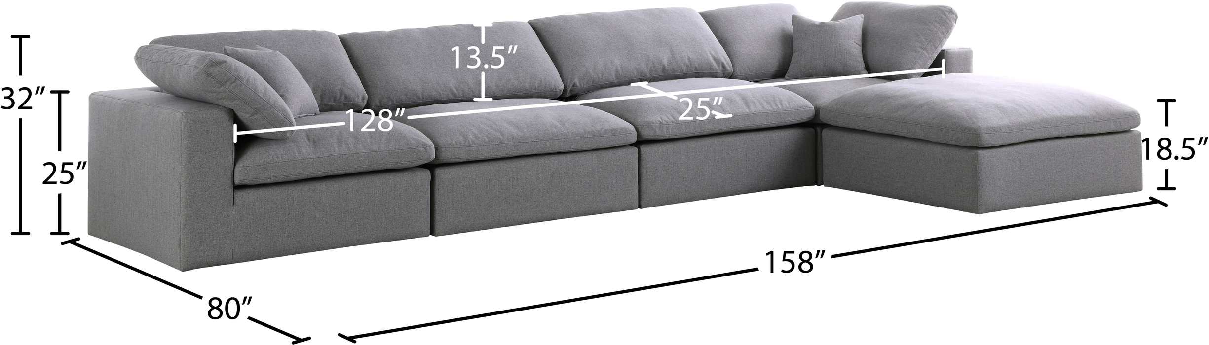 Meridian Furniture - Serene 158" Grey Linen Textured Fabric Upholstered Deluxe Comfort 5pc. Sectional - 601Grey-Sec5A - GreatFurnitureDeal