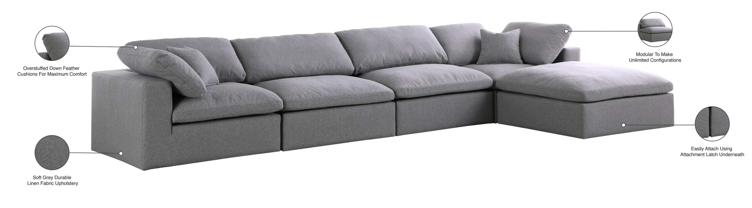 Meridian Furniture - Serene 158" Grey Linen Textured Fabric Upholstered Deluxe Comfort 5pc. Sectional - 601Grey-Sec5A - GreatFurnitureDeal