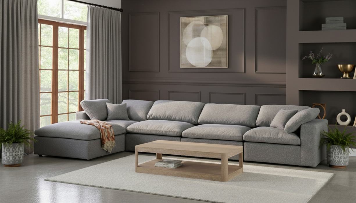 Meridian Furniture - Serene 158" Grey Linen Textured Fabric Upholstered Deluxe Comfort 5pc. Sectional - 601Grey-Sec5A - GreatFurnitureDeal
