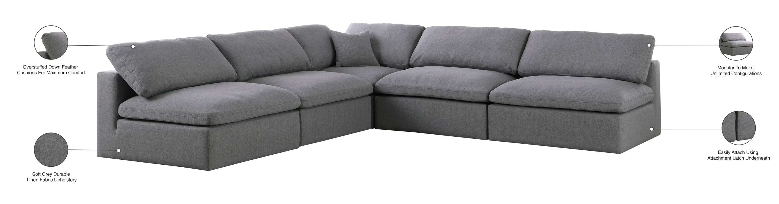 Meridian Furniture - Serene 118" Grey Linen Textured Fabric Upholstered Deluxe Comfort 5pc. Sectional - 601Grey-Sec5B - GreatFurnitureDeal