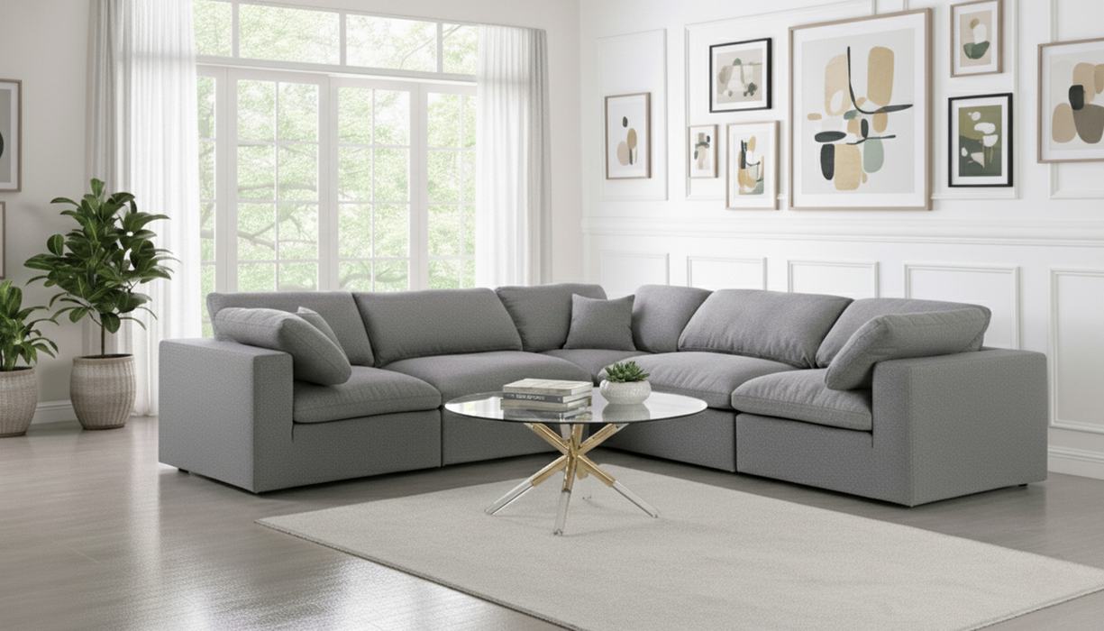 Meridian Furniture - Serene 119" Grey Linen Textured Fabric Upholstered Deluxe Comfort 5pc. Sectional - 601Grey-Sec5C - GreatFurnitureDeal