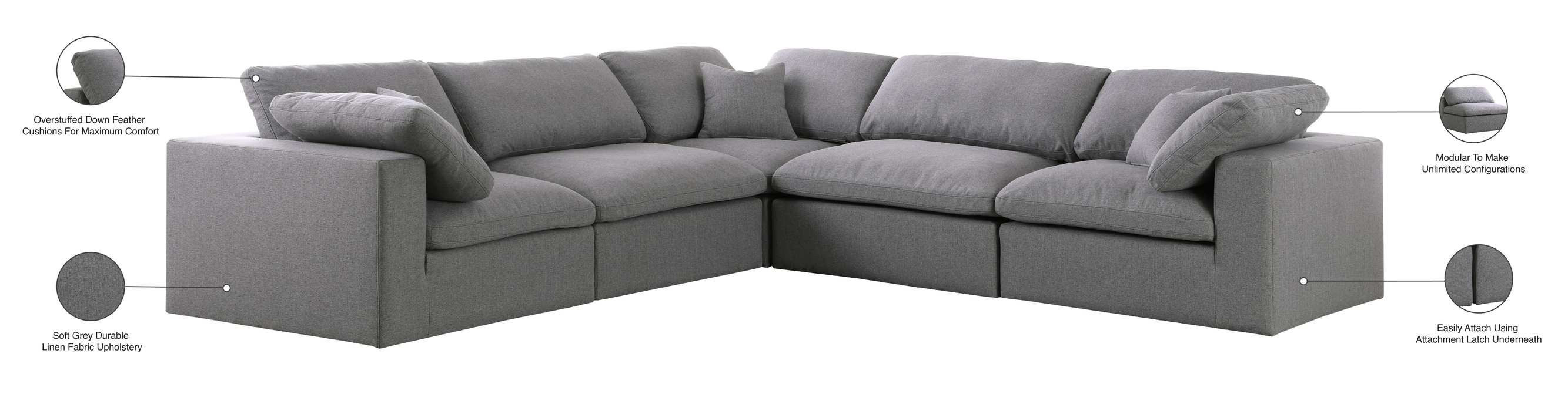 Meridian Furniture - Serene 119" Grey Linen Textured Fabric Upholstered Deluxe Comfort 5pc. Sectional - 601Grey-Sec5C - GreatFurnitureDeal