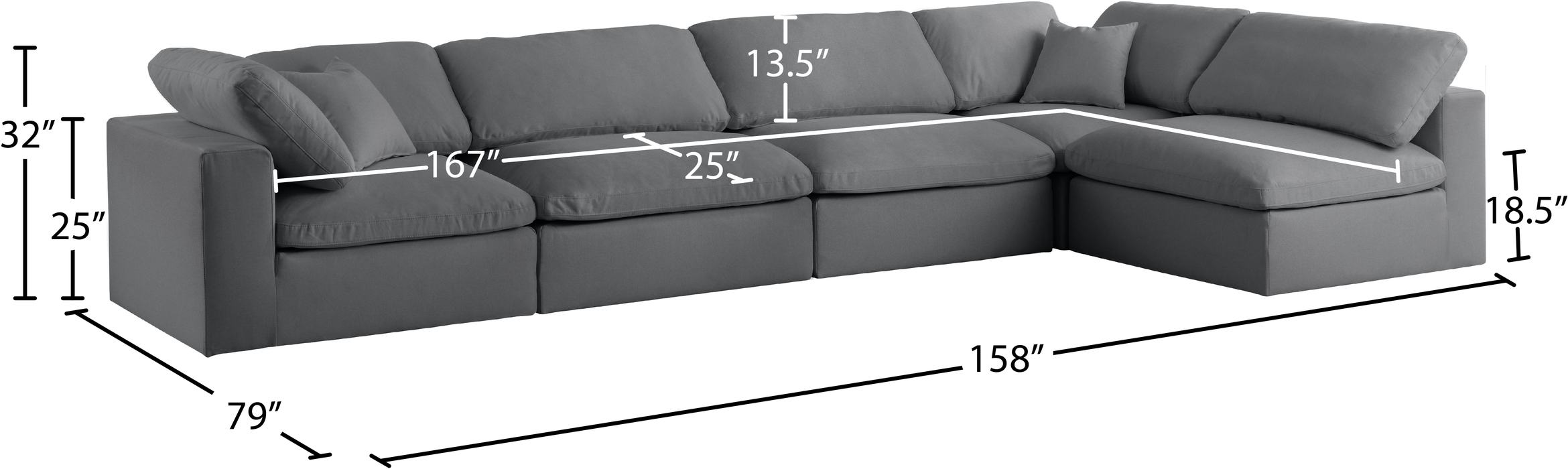 Meridian Furniture - Serene 158" Grey Linen Textured Fabric Upholstered Deluxe Comfort 5pc. Sectional - 601Grey-Sec5D - GreatFurnitureDeal
