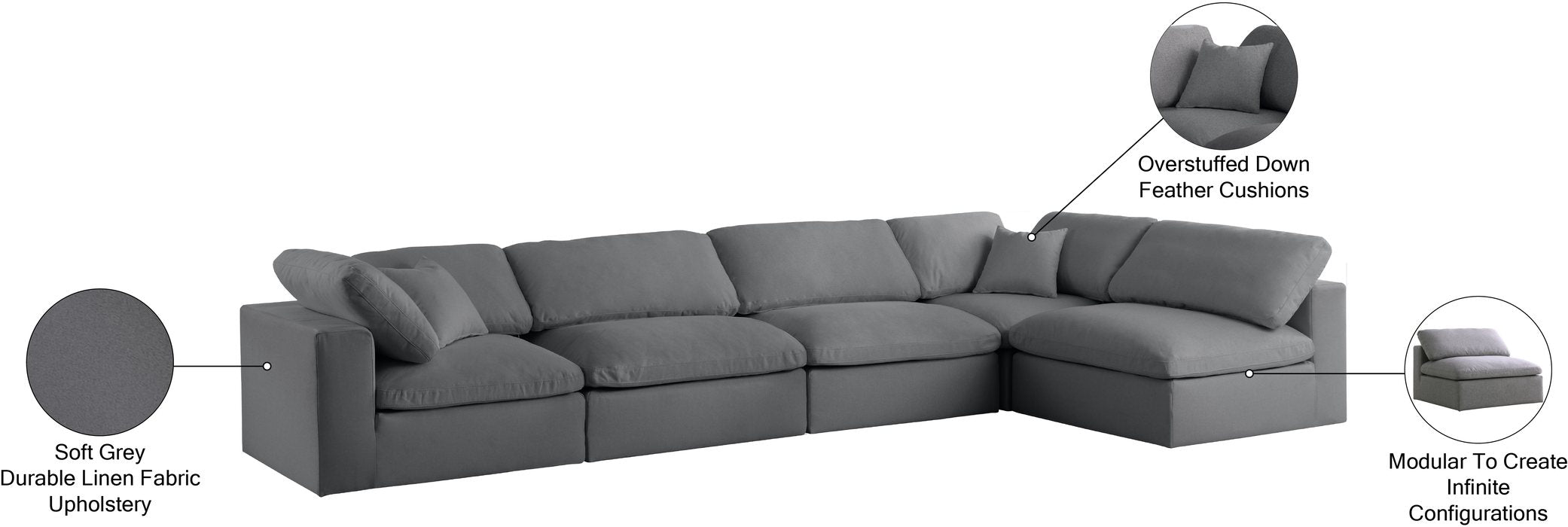 Meridian Furniture - Serene 158" Grey Linen Textured Fabric Upholstered Deluxe Comfort 5pc. Sectional - 601Grey-Sec5D - GreatFurnitureDeal