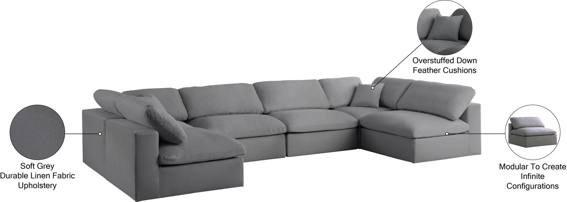 Meridian Furniture - Serene 158" Grey Linen Textured Fabric Upholstered Deluxe Comfort 6pc. Sectional - 601Grey-Sec6D - GreatFurnitureDeal