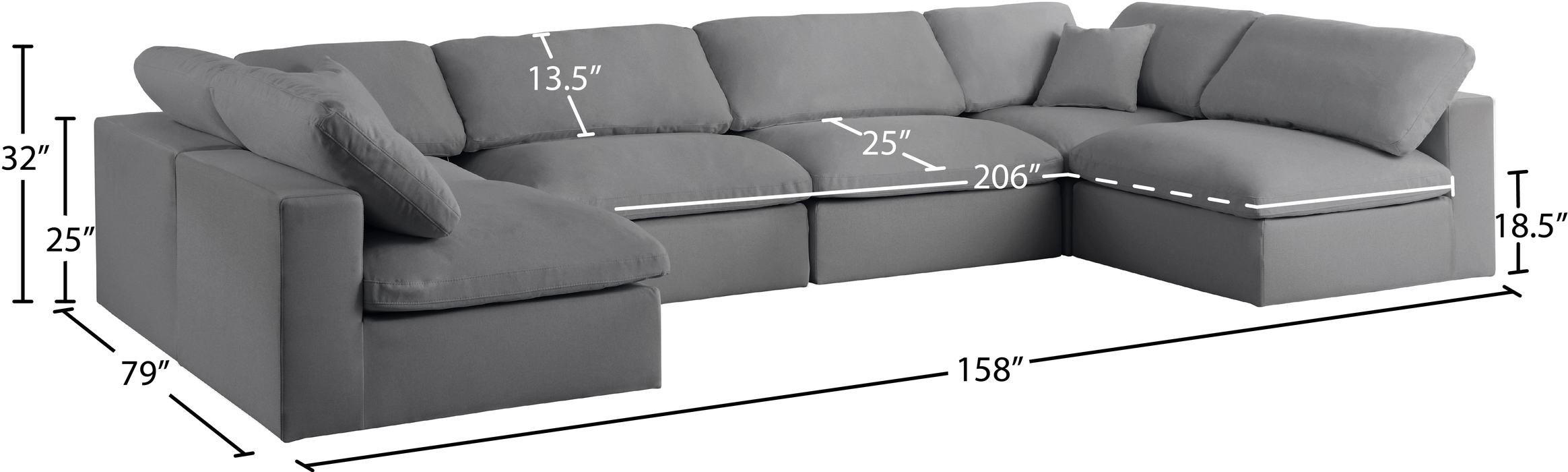Meridian Furniture - Serene 158" Grey Linen Textured Fabric Upholstered Deluxe Comfort 6pc. Sectional - 601Grey-Sec6D - GreatFurnitureDeal
