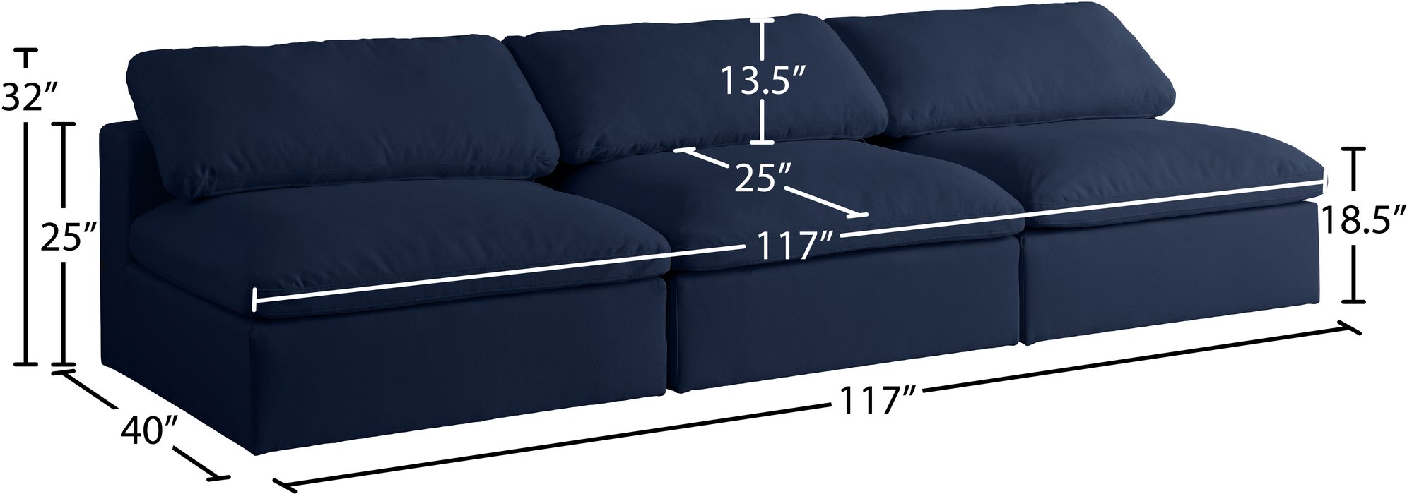 Meridian Furniture - Serene 117" Navy Linen Textured Fabric Upholstered Deluxe Comfort 3pc. Armless Sofa - 601Navy-S117 - GreatFurnitureDeal