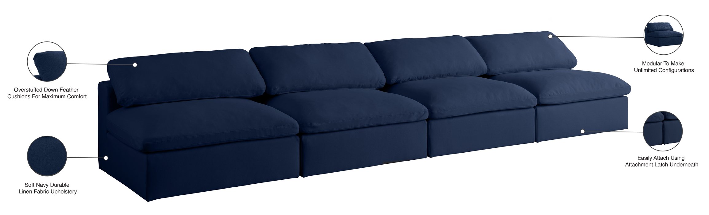Meridian Furniture - Serene 156" Navy Linen Textured Fabric Upholstered Deluxe Comfort 4pc. Armless Sofa - 601Navy-S156 - GreatFurnitureDeal