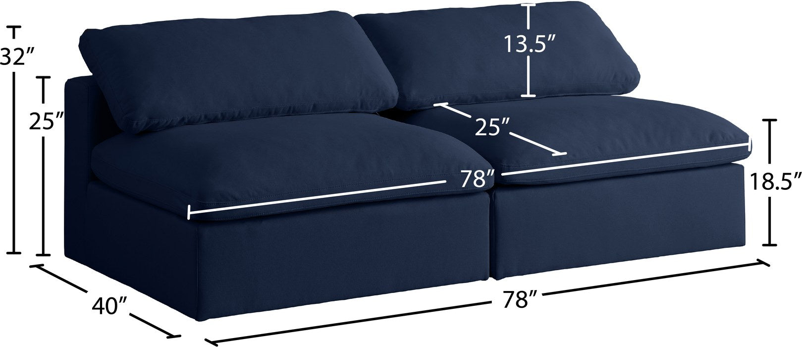 Meridian Furniture - Serene 78" Navy Linen Textured Fabric Upholstered Deluxe Comfort 2pc. Armless Sofa - 601Navy-S78 - GreatFurnitureDeal