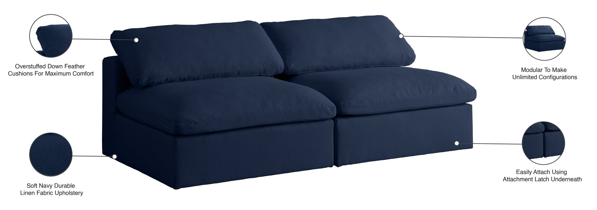 Meridian Furniture - Serene 78" Navy Linen Textured Fabric Upholstered Deluxe Comfort 2pc. Armless Sofa - 601Navy-S78 - GreatFurnitureDeal