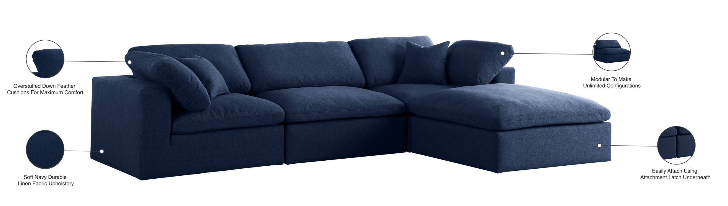 Meridian Furniture - Serene 119" Navy Linen Textured Fabric Upholstered Deluxe Comfort 4pc. Sectional - 601Navy-Sec4A - GreatFurnitureDeal