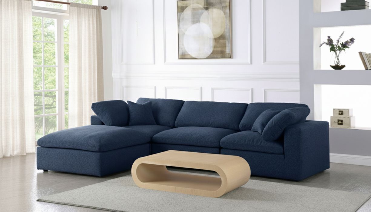 Meridian Furniture - Serene 119" Navy Linen Textured Fabric Upholstered Deluxe Comfort 4pc. Sectional - 601Navy-Sec4A - GreatFurnitureDeal