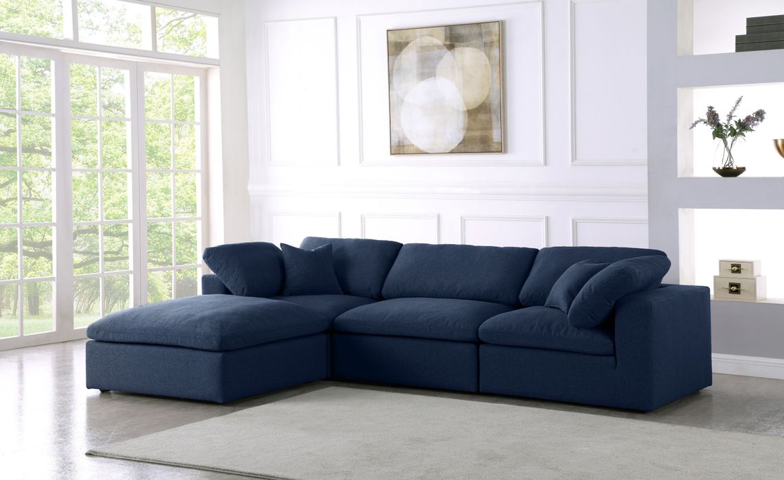 Meridian Furniture - Serene 119" Navy Linen Textured Fabric Upholstered Deluxe Comfort 4pc. Sectional - 601Navy-Sec4A - GreatFurnitureDeal