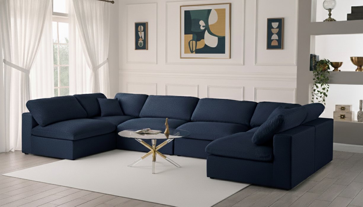 Meridian Furniture - Serene 158" Navy Linen Textured Fabric Upholstered Deluxe Comfort 6pc. Sectional - 601Navy-Sec6D - GreatFurnitureDeal