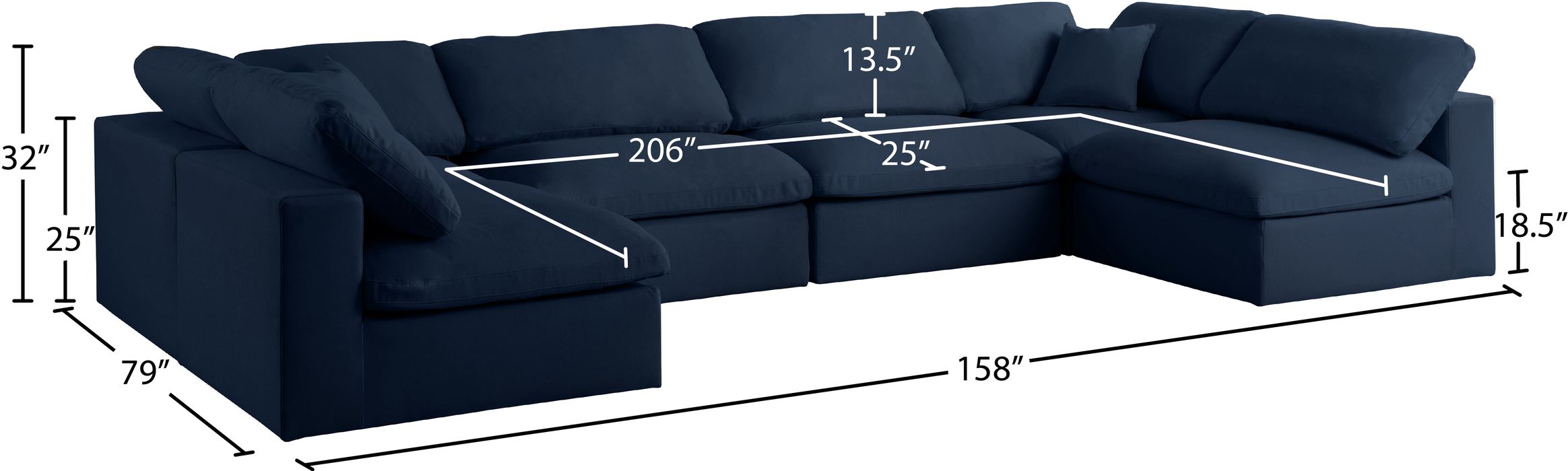 Meridian Furniture - Serene 158" Navy Linen Textured Fabric Upholstered Deluxe Comfort 6pc. Sectional - 601Navy-Sec6D - GreatFurnitureDeal