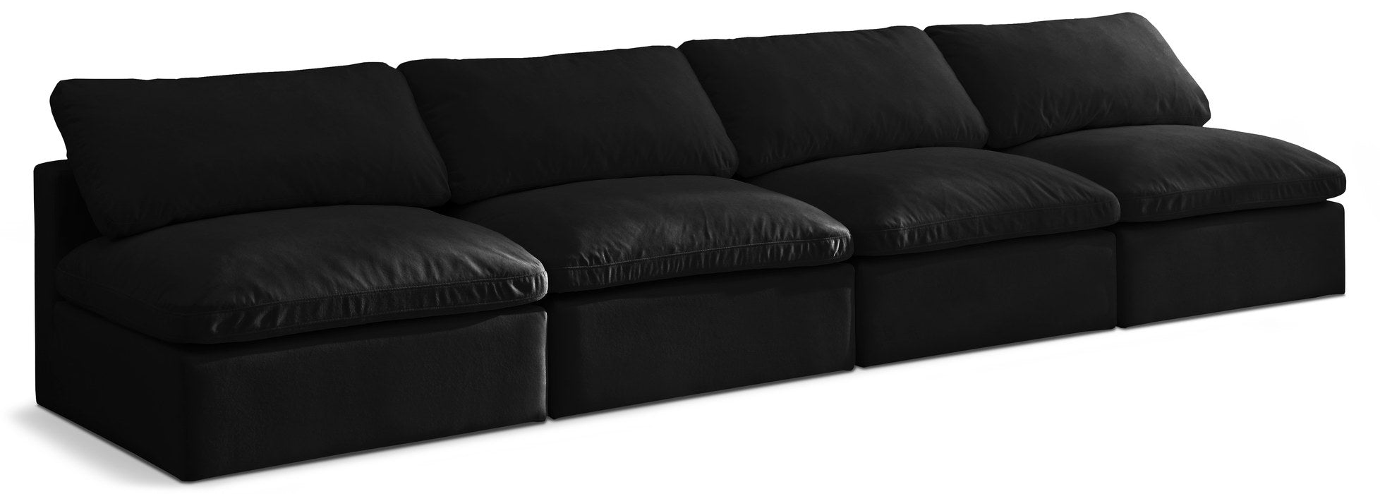 Meridian Furniture - Plush 140" Black Velvet Upholstered Standard Comfort 4pc. Armless Sofa - 602Black-S4 - GreatFurnitureDeal