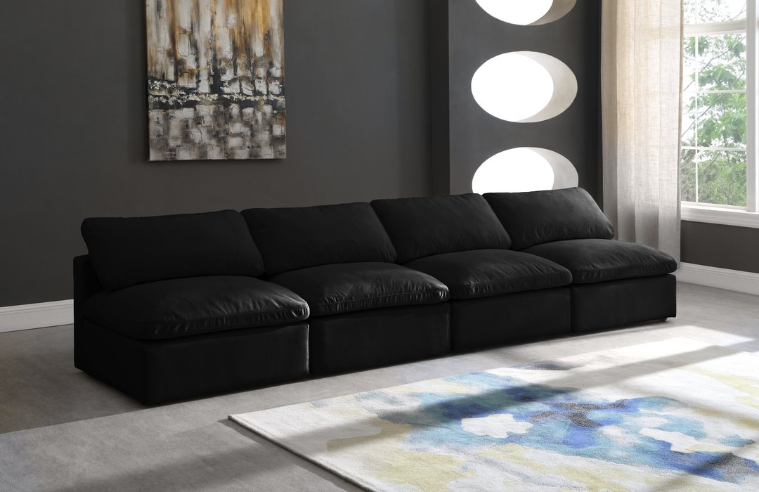 Meridian Furniture - Plush 140" Black Velvet Upholstered Standard Comfort 4pc. Armless Sofa - 602Black-S4 - GreatFurnitureDeal