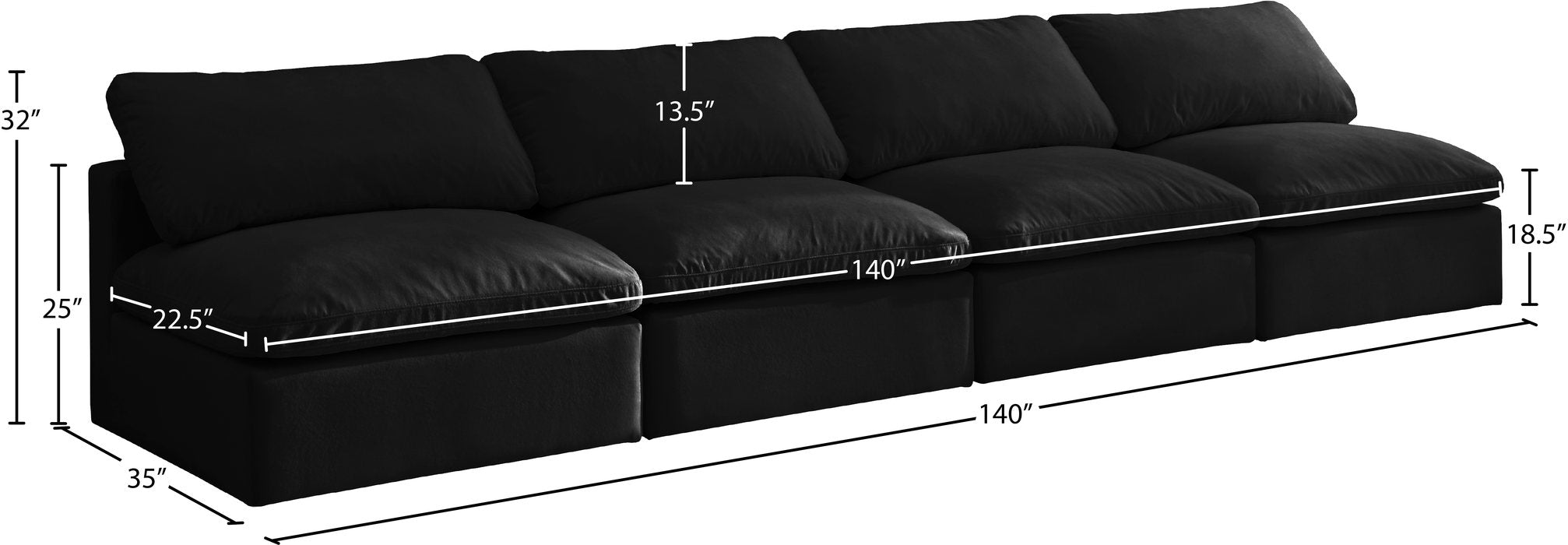 Meridian Furniture - Plush 140" Black Velvet Upholstered Standard Comfort 4pc. Armless Sofa - 602Black-S4 - GreatFurnitureDeal