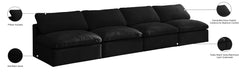 Meridian Furniture - Plush 140" Black Velvet Upholstered Standard Comfort 4pc. Armless Sofa - 602Black-S4 - GreatFurnitureDeal