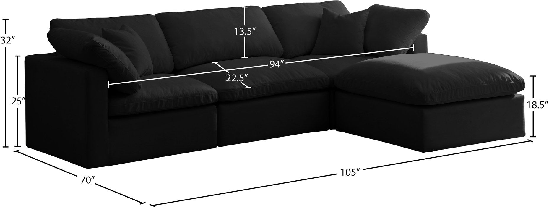Meridian Furniture - Plush 105" Black Velvet Upholstered Standard Comfort 4pc. Sectional - 602Black-Sec4A - GreatFurnitureDeal