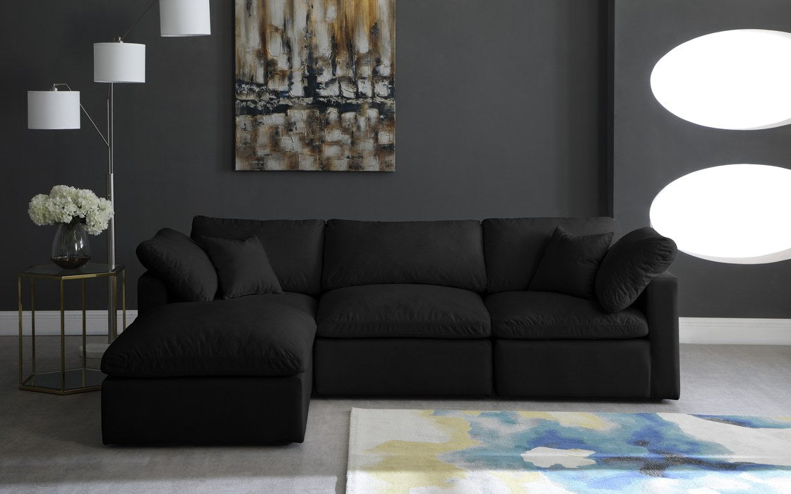 Meridian Furniture - Plush 105" Black Velvet Upholstered Standard Comfort 4pc. Sectional - 602Black-Sec4A - GreatFurnitureDeal