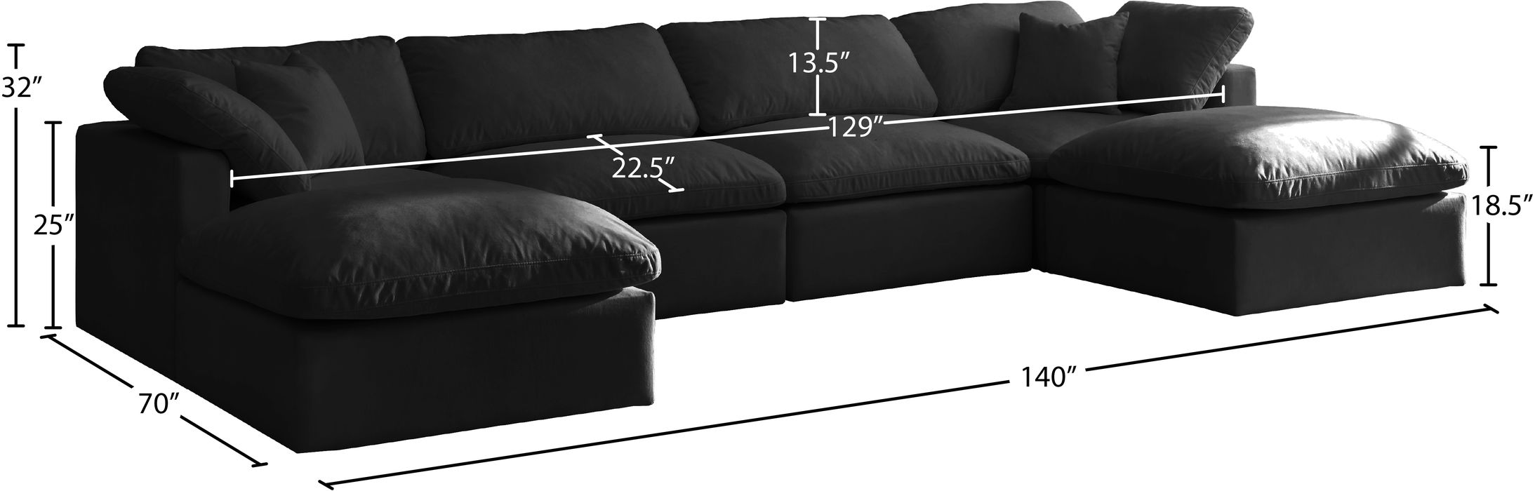 Meridian Furniture - Plush 140" Black Velvet Upholstered Standard Comfort 6pc. Sectional - 602Black-Sec6B - GreatFurnitureDeal