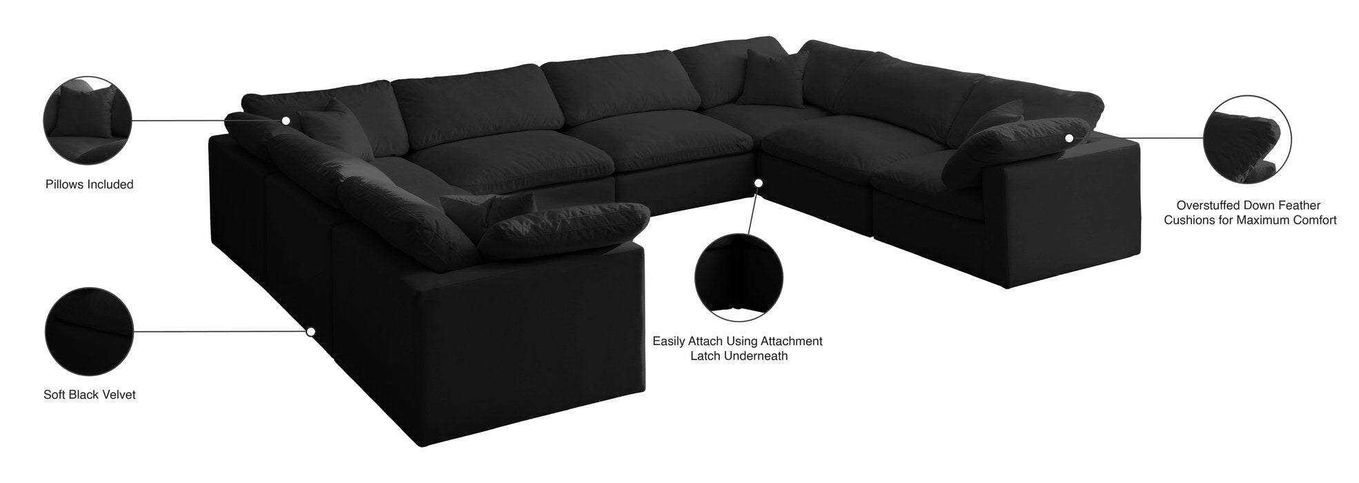 Meridian Furniture - Plush 140" Black Velvet Upholstered Standard Comfort 8pc. Sectional - 602Black-Sec8A - GreatFurnitureDeal