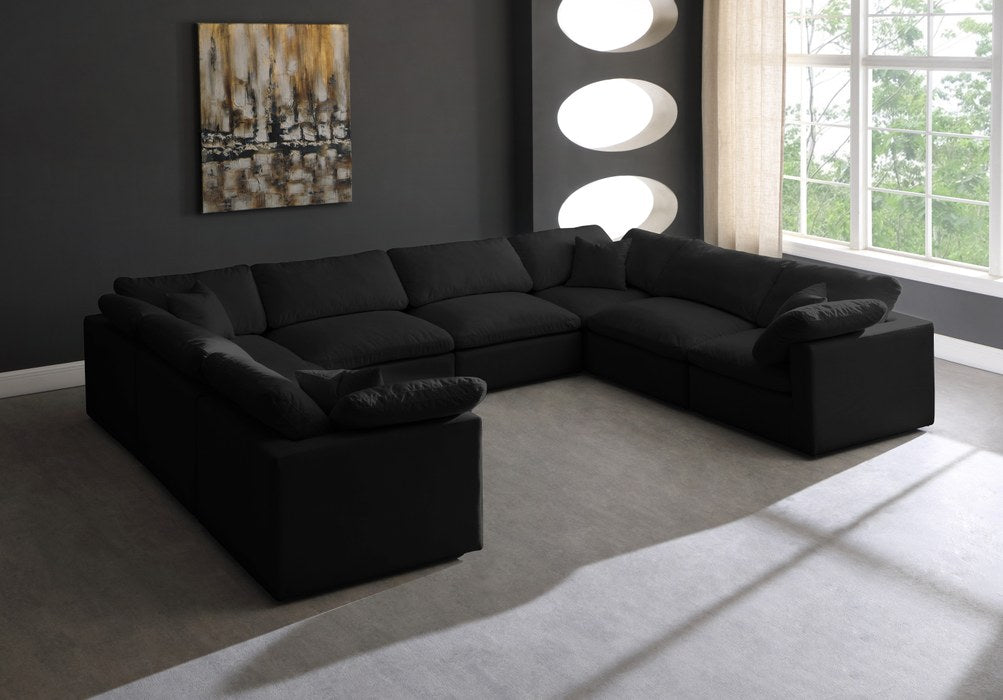 Meridian Furniture - Plush 140" Black Velvet Upholstered Standard Comfort 8pc. Sectional - 602Black-Sec8A - GreatFurnitureDeal