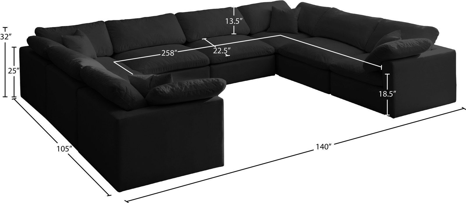 Meridian Furniture - Plush 140" Black Velvet Upholstered Standard Comfort 8pc. Sectional - 602Black-Sec8A - GreatFurnitureDeal