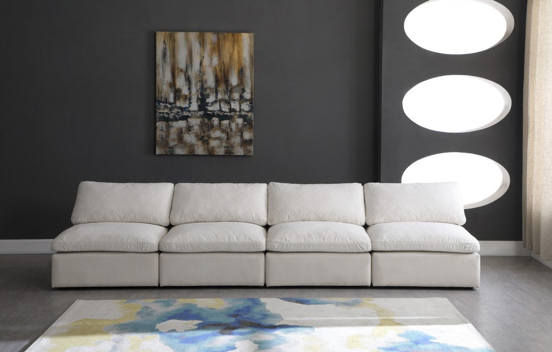 Meridian Furniture - Plush 140" Cream Velvet Upholstered Standard Comfort 4pc. Armless Sofa - 602Cream-S4 - GreatFurnitureDeal