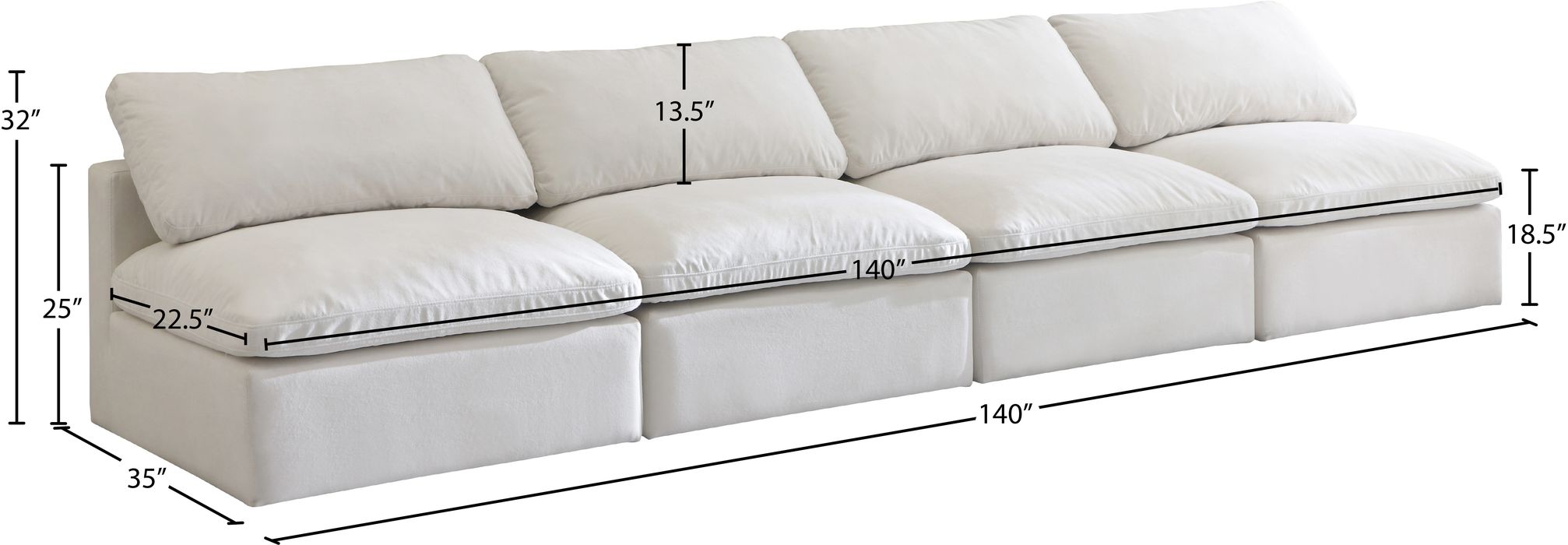 Meridian Furniture - Plush 140" Cream Velvet Upholstered Standard Comfort 4pc. Armless Sofa - 602Cream-S4 - GreatFurnitureDeal