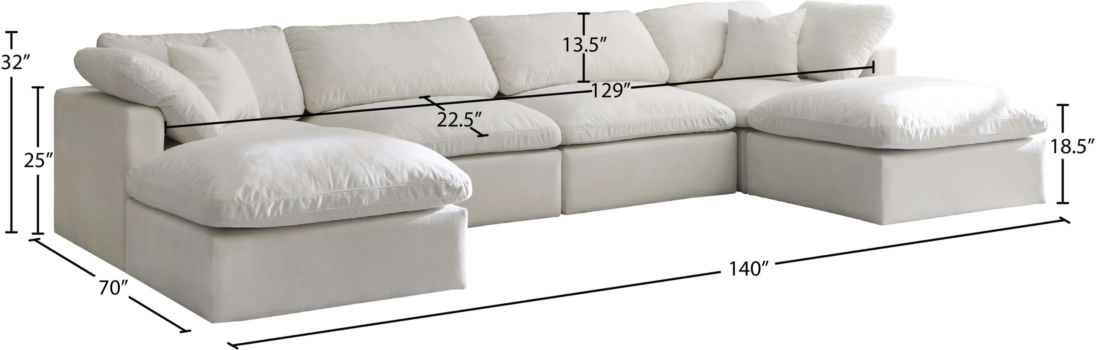 Meridian Furniture - Plush 140" Cream Velvet Upholstered Standard Comfort 6pc. Sectional - 602Cream-Sec6B - GreatFurnitureDeal