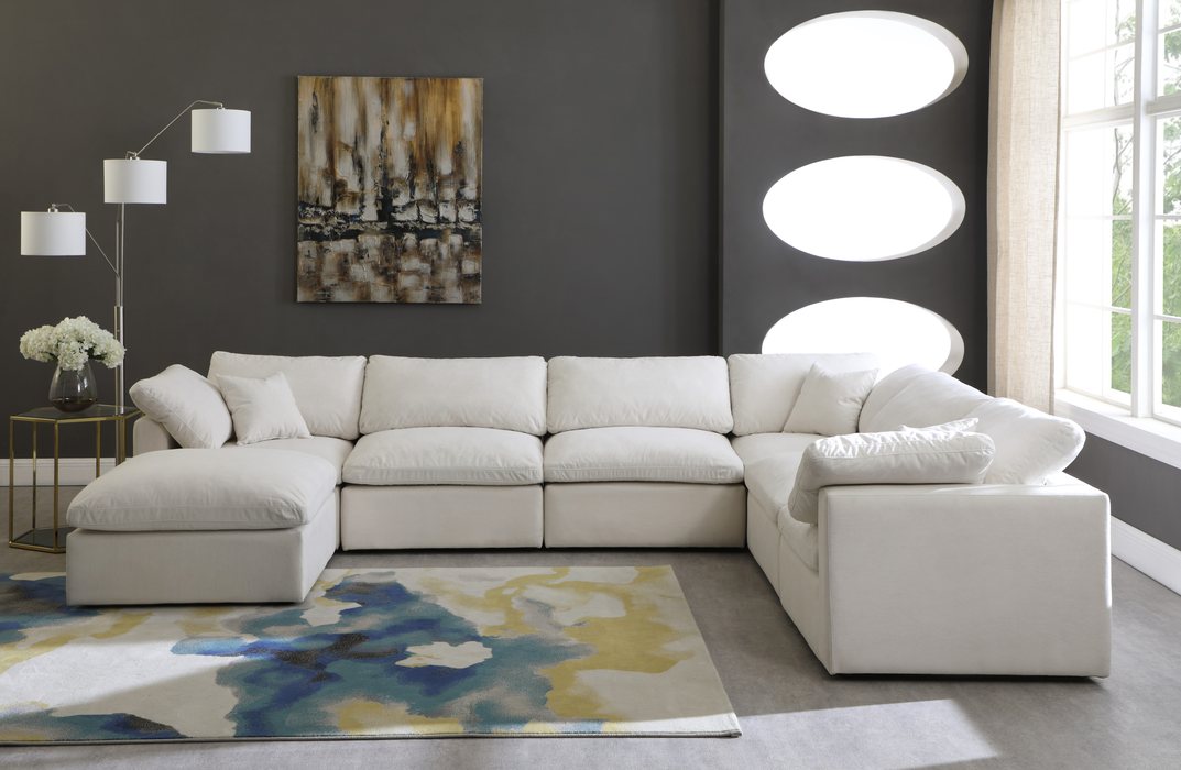 Meridian Furniture - Plush 140" Cream Velvet Upholstered Standard Comfort 7pc. Sectional - 602Cream-Sec7A - GreatFurnitureDeal