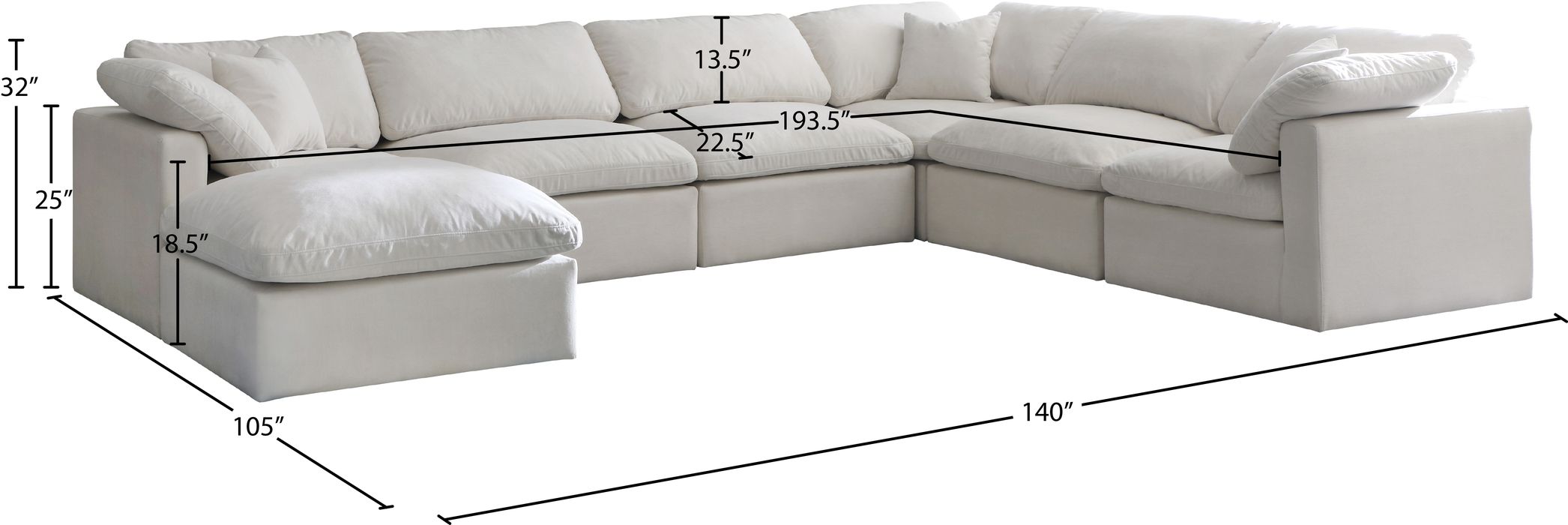 Meridian Furniture - Plush 140" Cream Velvet Upholstered Standard Comfort 7pc. Sectional - 602Cream-Sec7A - GreatFurnitureDeal
