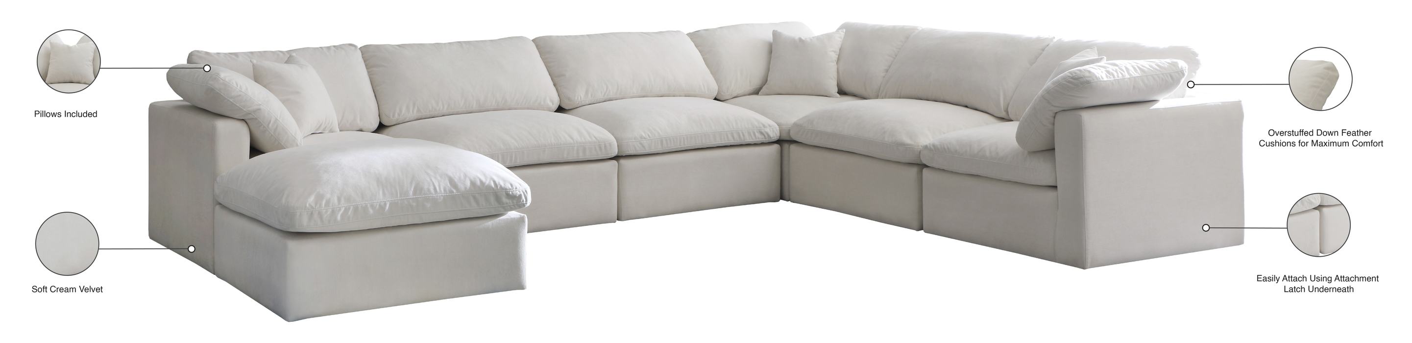 Meridian Furniture - Plush 140" Cream Velvet Upholstered Standard Comfort 7pc. Sectional - 602Cream-Sec7A - GreatFurnitureDeal
