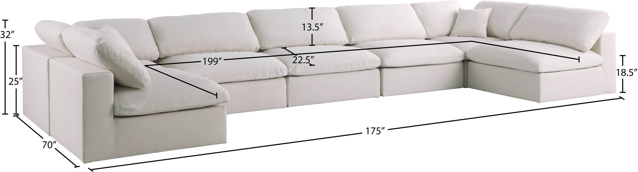 Meridian Furniture - Plush 175" Cream Velvet Upholstered Standard Comfort 7pc. Sectional - 602Cream-Sec7B - GreatFurnitureDeal