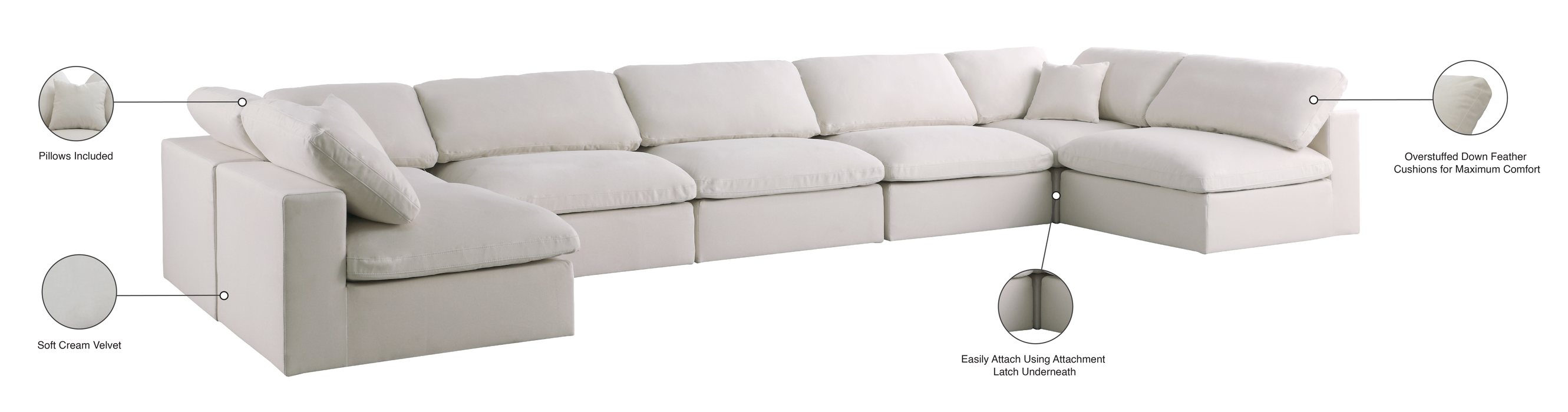 Meridian Furniture - Plush 175" Cream Velvet Upholstered Standard Comfort 7pc. Sectional - 602Cream-Sec7B - GreatFurnitureDeal