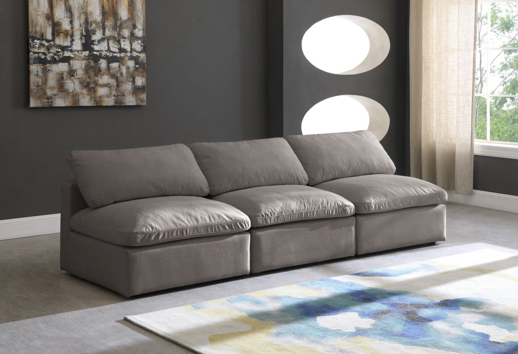 Meridian Furniture - Plush 105" Grey Velvet Upholstered Standard Comfort 3pc. Armless Sofa - 602Grey-S3 - GreatFurnitureDeal