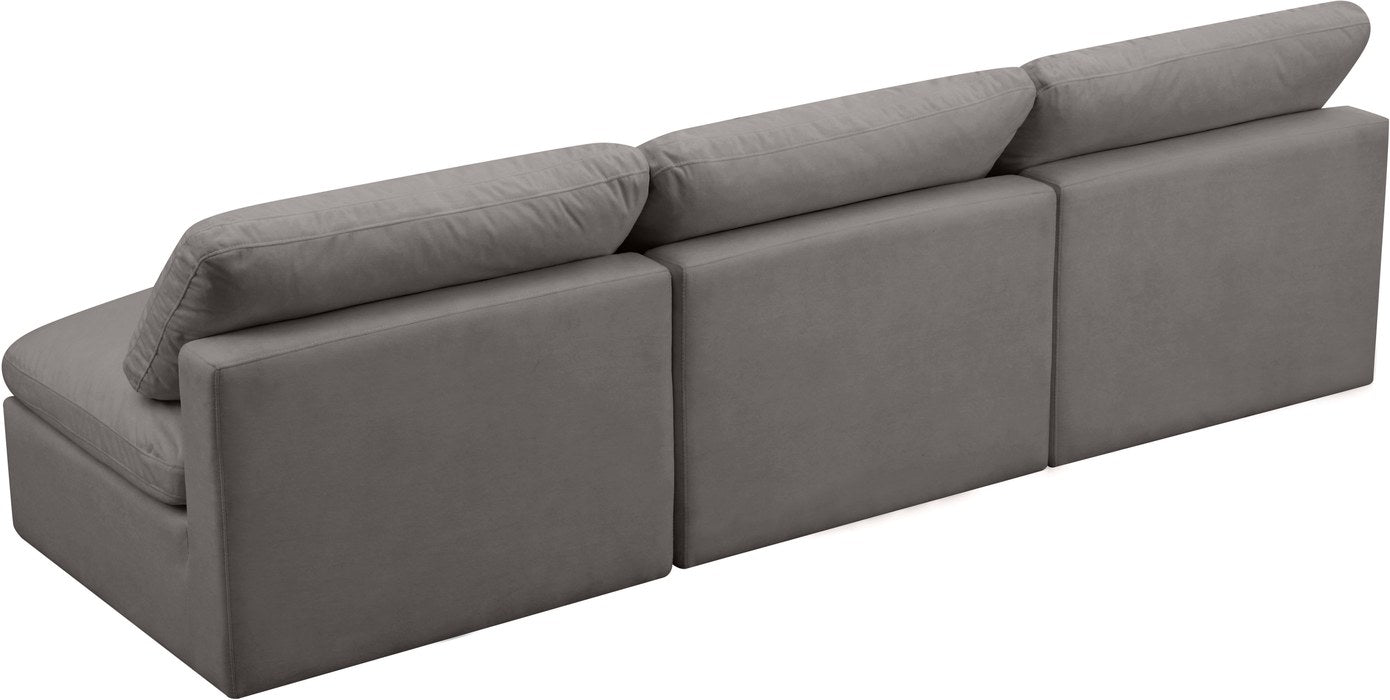Meridian Furniture - Plush 105" Grey Velvet Upholstered Standard Comfort 3pc. Armless Sofa - 602Grey-S3 - GreatFurnitureDeal