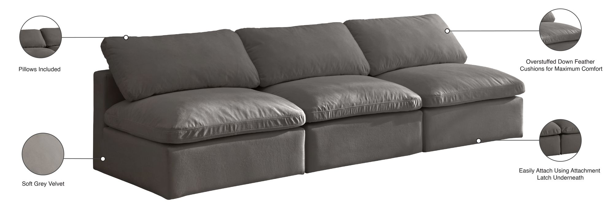 Meridian Furniture - Plush 105" Grey Velvet Upholstered Standard Comfort 3pc. Armless Sofa - 602Grey-S3 - GreatFurnitureDeal