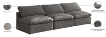 Meridian Furniture - Plush 105" Grey Velvet Upholstered Standard Comfort 3pc. Armless Sofa - 602Grey-S3 - GreatFurnitureDeal