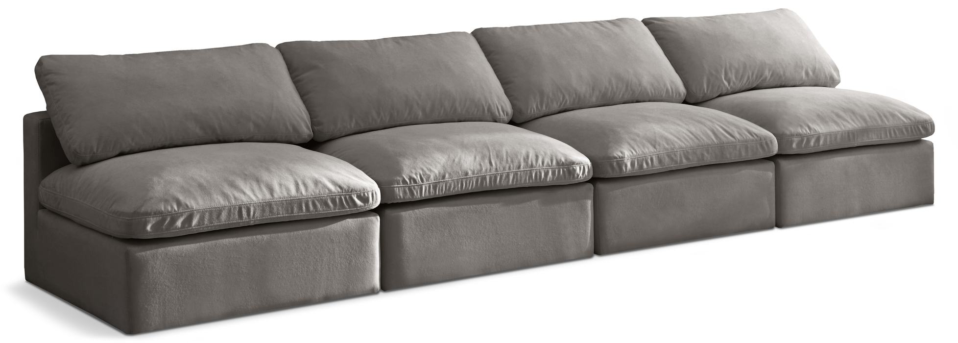 Meridian Furniture - Plush 140" Grey Velvet Upholstered Standard Comfort 4pc. Armless Sofa - 602Grey-S4 - GreatFurnitureDeal