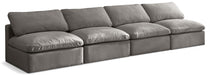 Meridian Furniture - Plush 140" Grey Velvet Upholstered Standard Comfort 4pc. Armless Sofa - 602Grey-S4 - GreatFurnitureDeal
