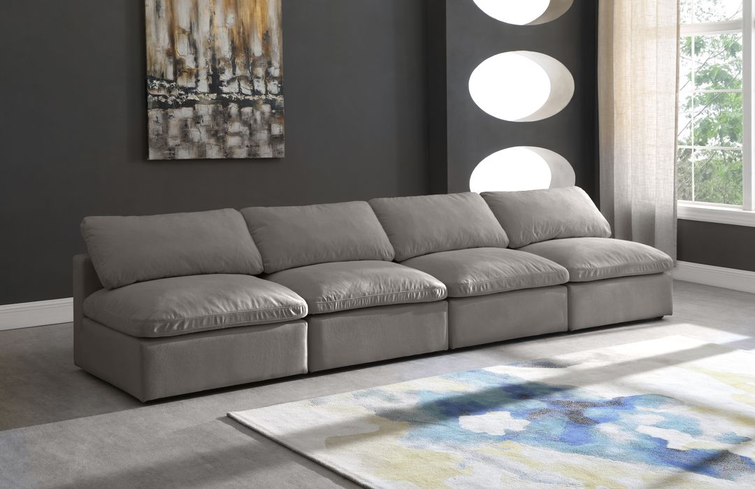 Meridian Furniture - Plush 140" Grey Velvet Upholstered Standard Comfort 4pc. Armless Sofa - 602Grey-S4 - GreatFurnitureDeal