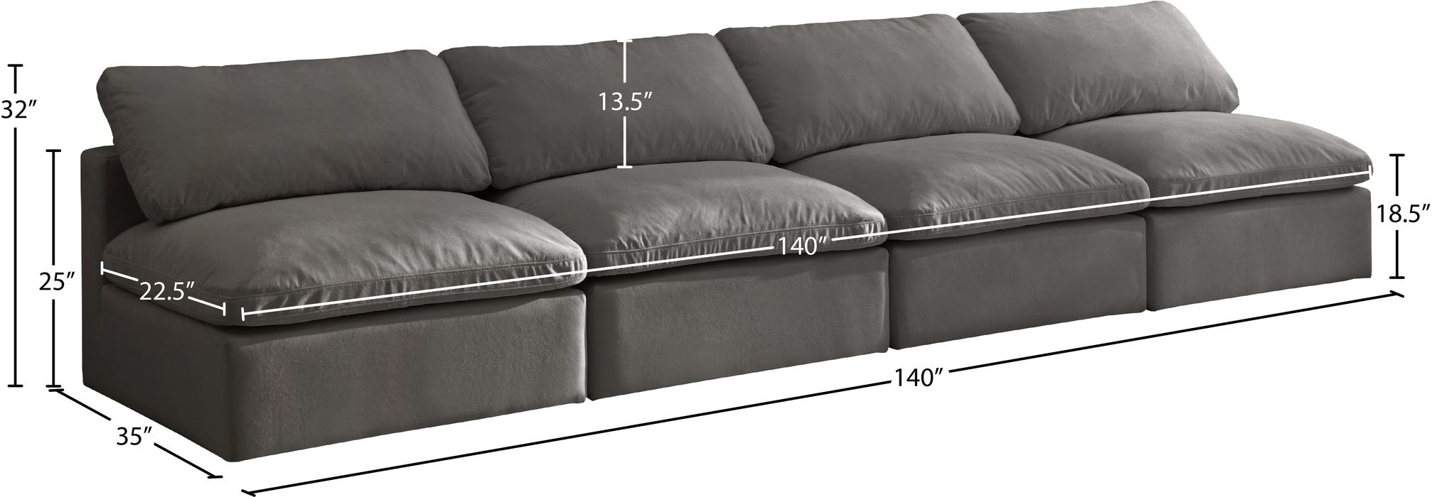 Meridian Furniture - Plush 140" Grey Velvet Upholstered Standard Comfort 4pc. Armless Sofa - 602Grey-S4 - GreatFurnitureDeal