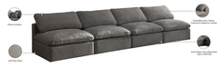 Meridian Furniture - Plush 140" Grey Velvet Upholstered Standard Comfort 4pc. Armless Sofa - 602Grey-S4 - GreatFurnitureDeal